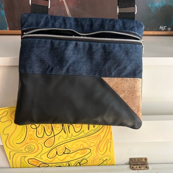 Stylish Denim and Black Crossbody Bag Vegan 9.5"x11" - Picture 3 of 16